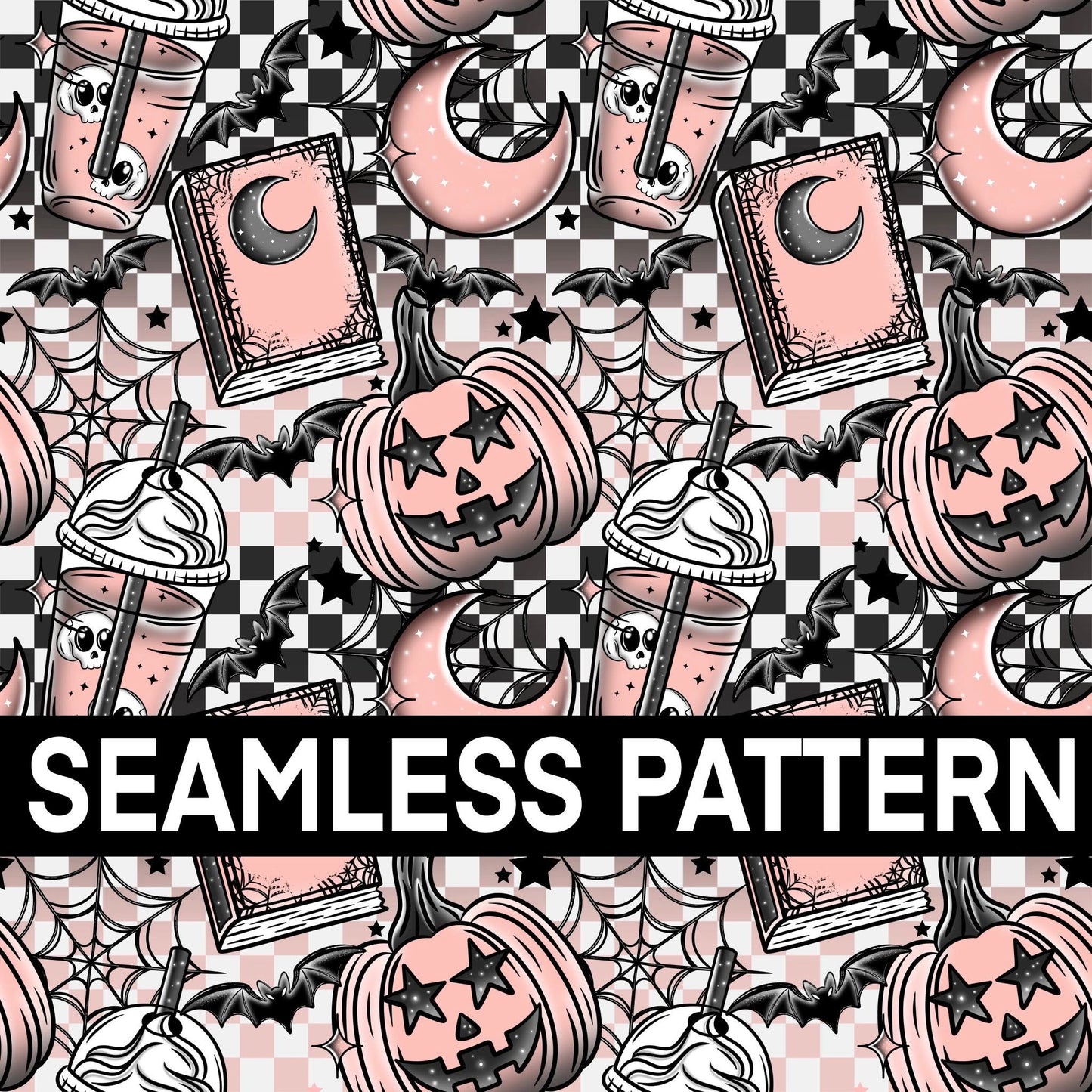SPOOKY BOOK PEACH SEAMLESS PATTERN