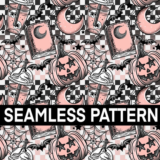 SPOOKY BOOK PEACH SEAMLESS PATTERN